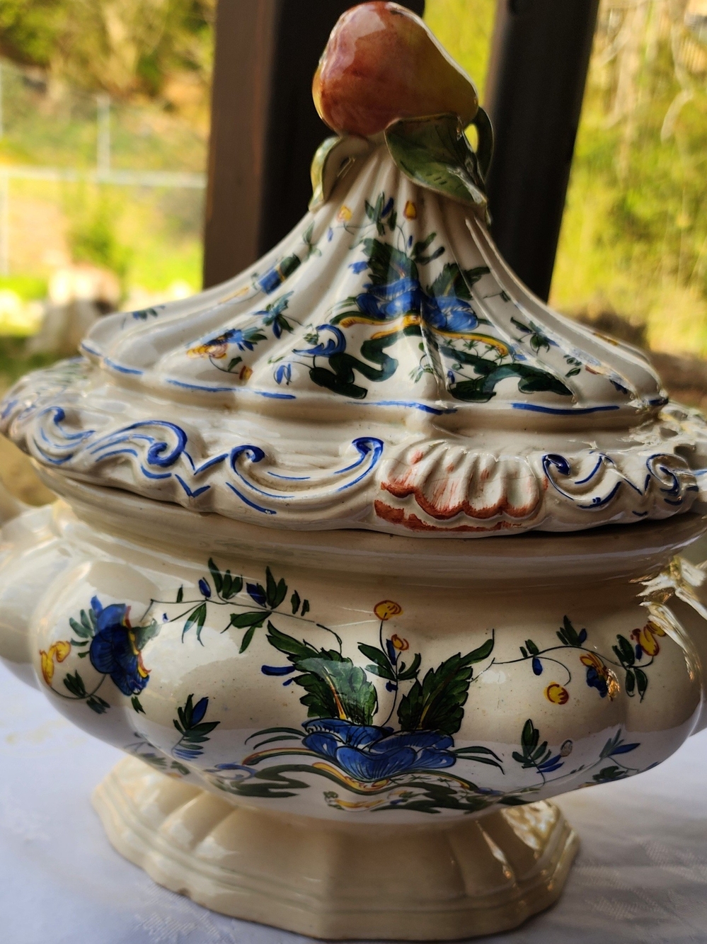 Hand-Painted Floral Ceramic Lidded Serving Tureen in Cream and Blue